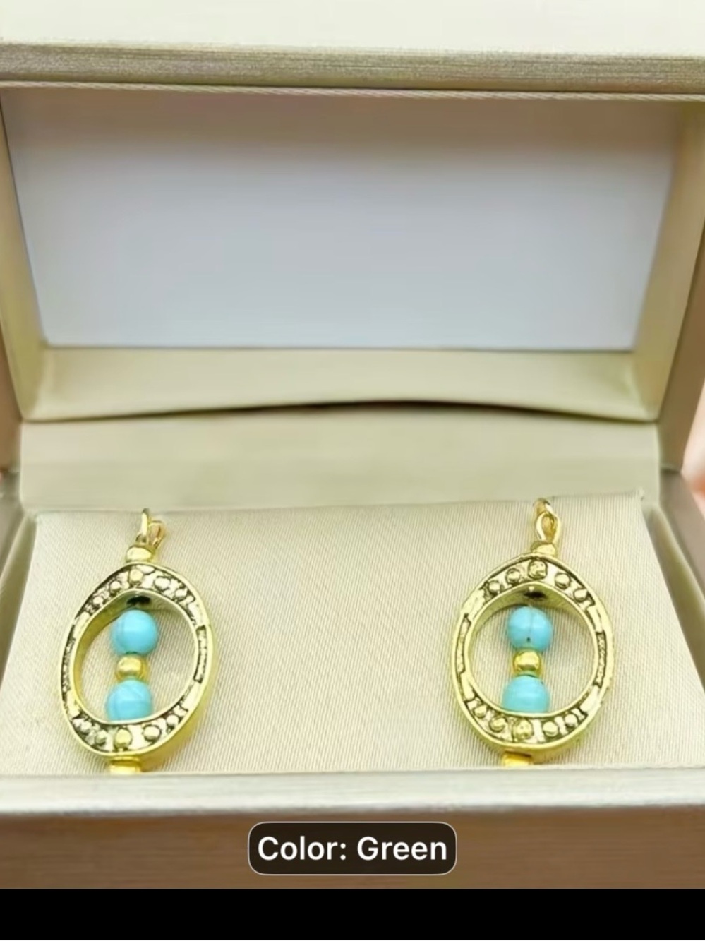 Gold-Tone Oval Earrings with Turquoise Beads - Women Jewelry